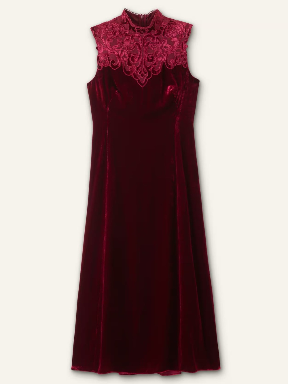 ME+EM Sleeveless Velvet Midi Dress in Burgundy with Embroidered Neckline